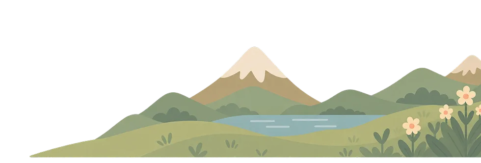 Hills, a lake, and flowers along the landscape