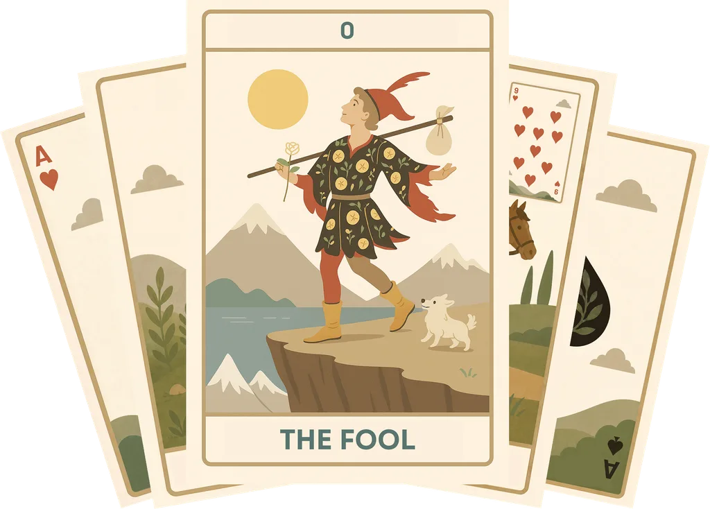 A fan of cards from Tarot, Katina, Lenormand, and Playing Cards