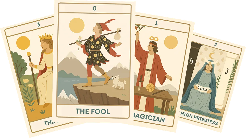 A fan of cards from Tarot, Katina, Lenormand, and Playing Cards