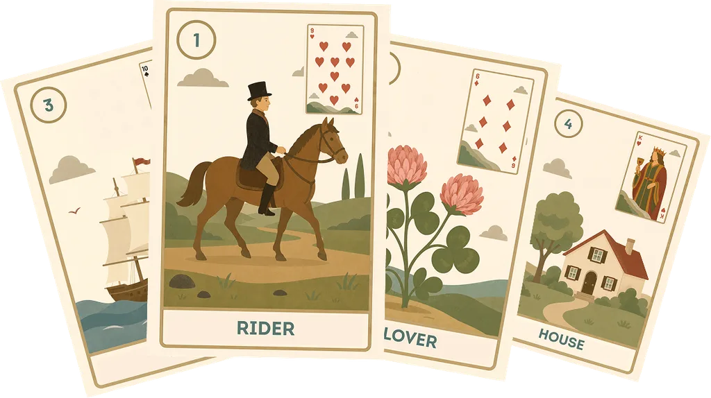 A fan of cards from Tarot, Katina, Lenormand, and Playing Cards